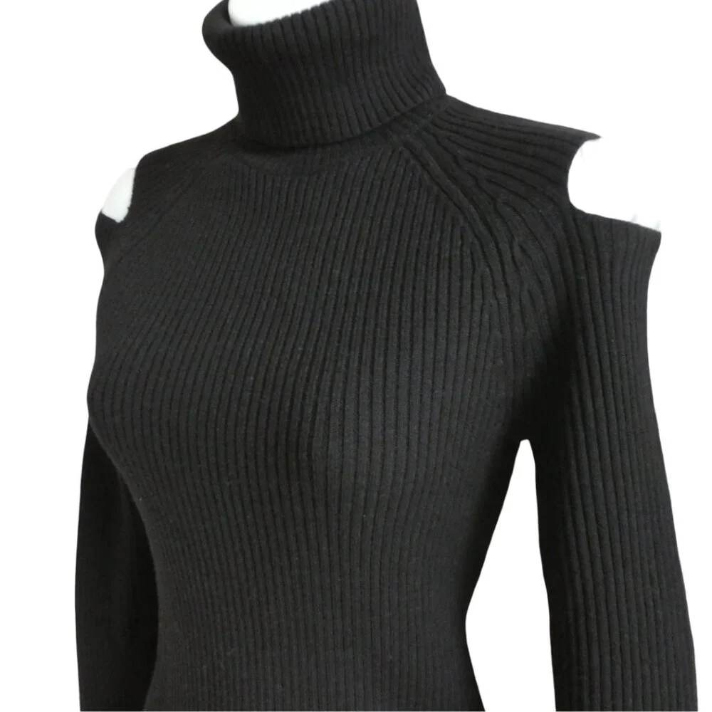 WooL Theory Jemliss Evian Stretch Black Ribbed Knit Sweater Peekaboo Shoulder S